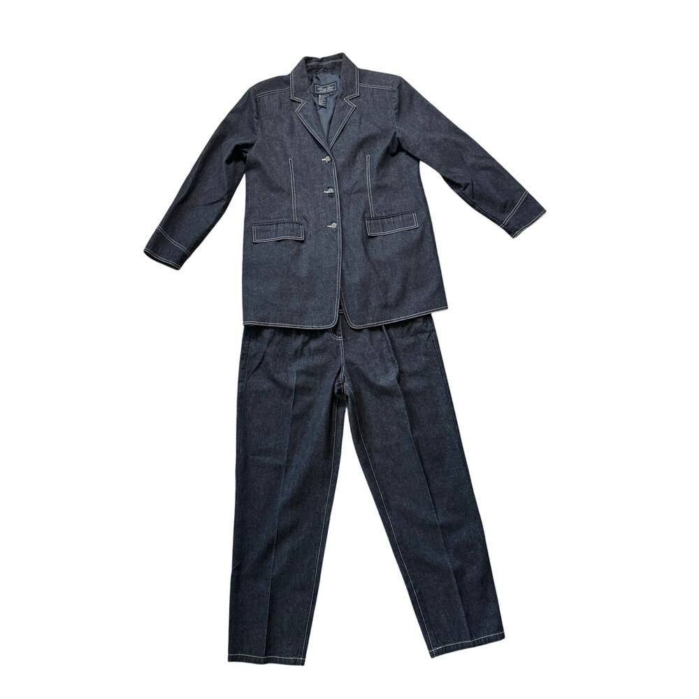 Terry Lewis Classic Luxuries Women L Dark Gray Contrast Stitch Cotton Pant Suit